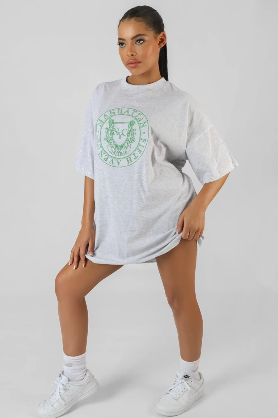 Public Desire Women's Oatmeal Embroidered T-Shirt Dress - Manhattan Style Casual Wear