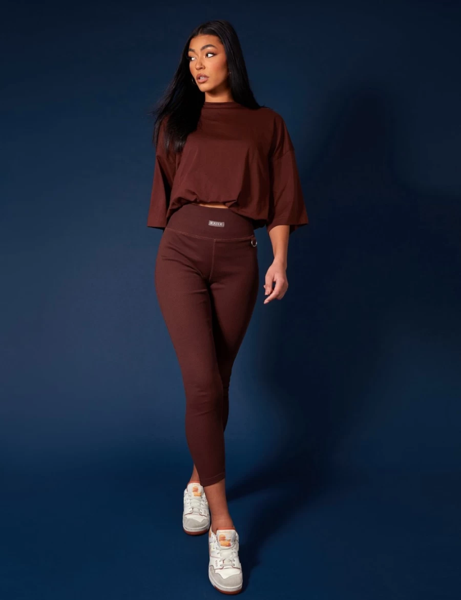 Public Desire Women's Ribbed Kaiia Sport Leggings in Chocolate - High-Waisted Yoga Pants for Workout & Activewear