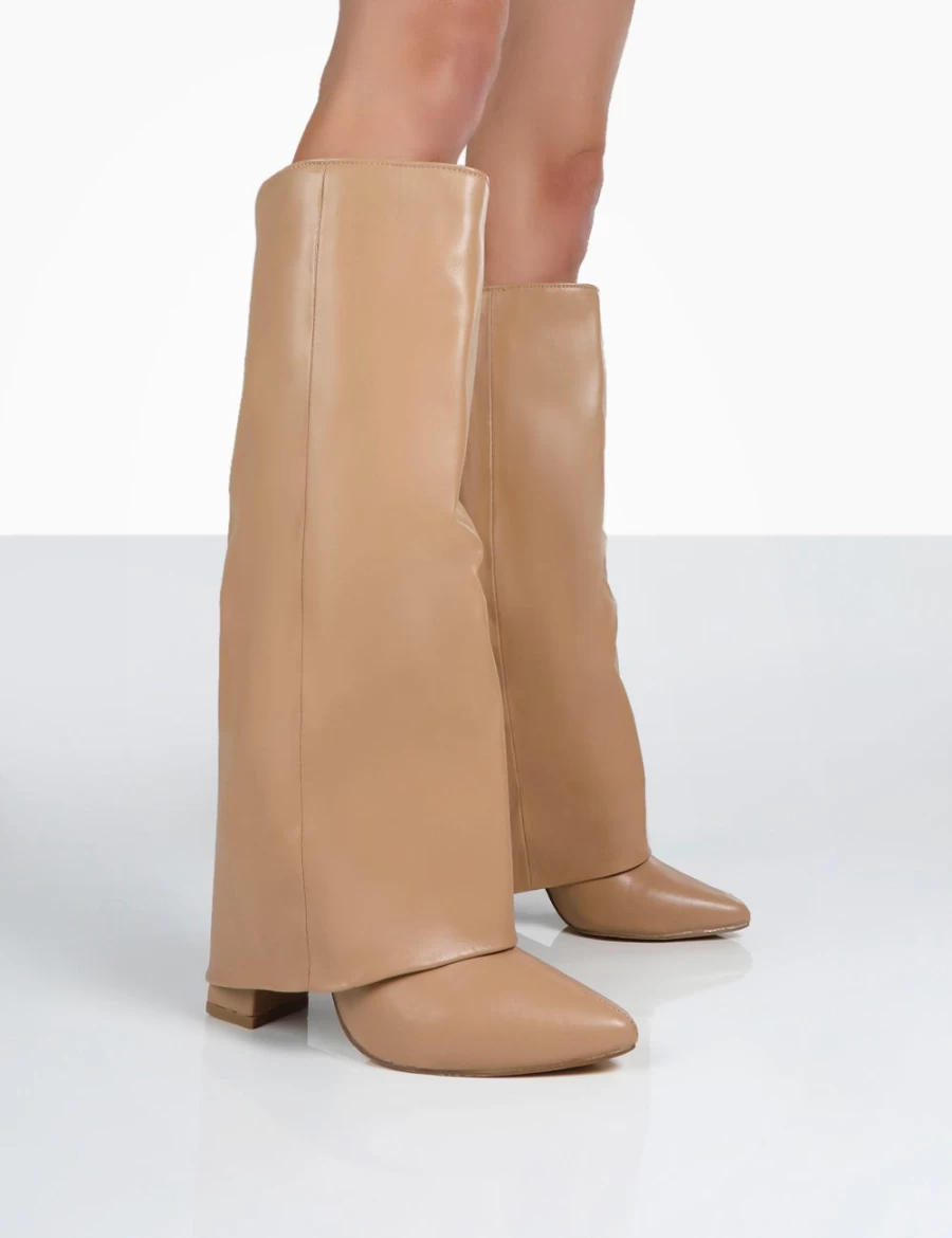 Public Desire Women's Nude Knee High Block Heel Boots - Zendaya Pointed Toe Style