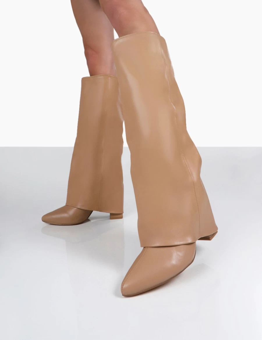 Public Desire Women's Nude Knee High Block Heel Boots - Zendaya Pointed Toe Style