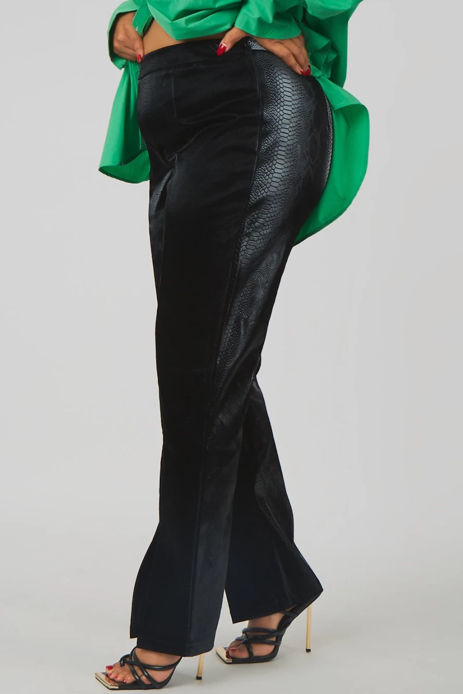 Public Desire Women's Black Snake Print PU Split Hem Trousers - High Waist Curve Fit Pants