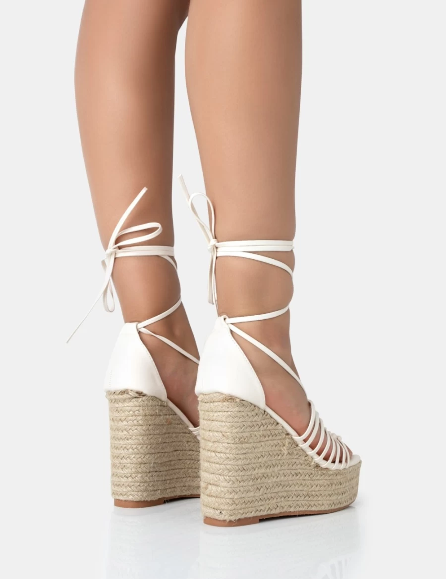 Public Desire Women's Ecru Wide Fit Raffia Wedge Heels with PU Knot Strap & Lace Up Design