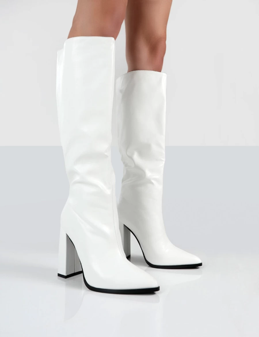 Public Desire Women's White Posie Pu Knee High Block Heel Boots