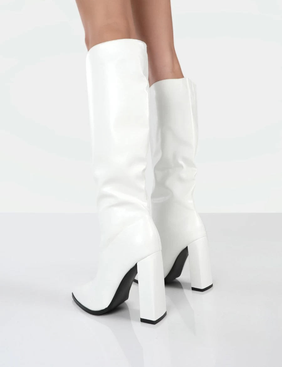 Public Desire Women's White Posie Pu Knee High Block Heel Boots