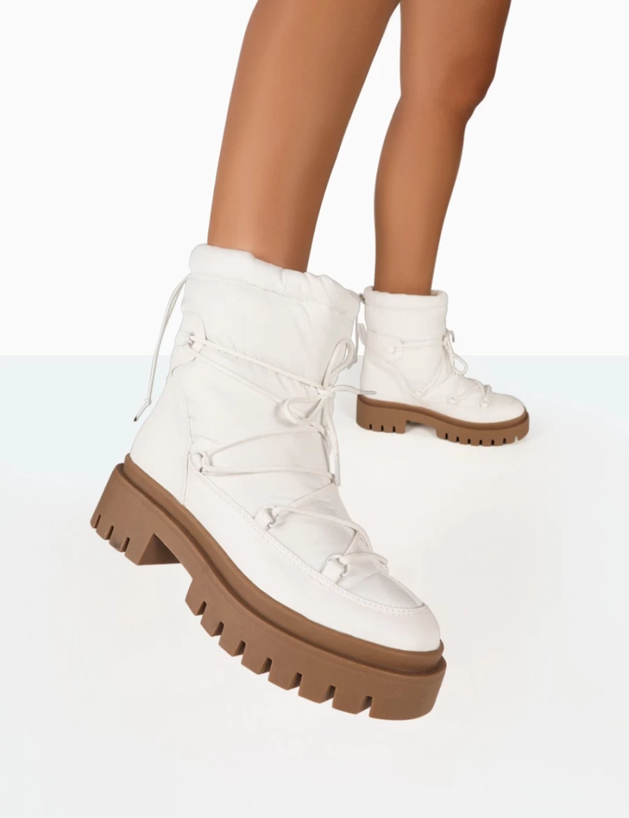 Public Desire Women's White Snowy Chunky Sole Lace Up Ankle Boots Winter Fashion