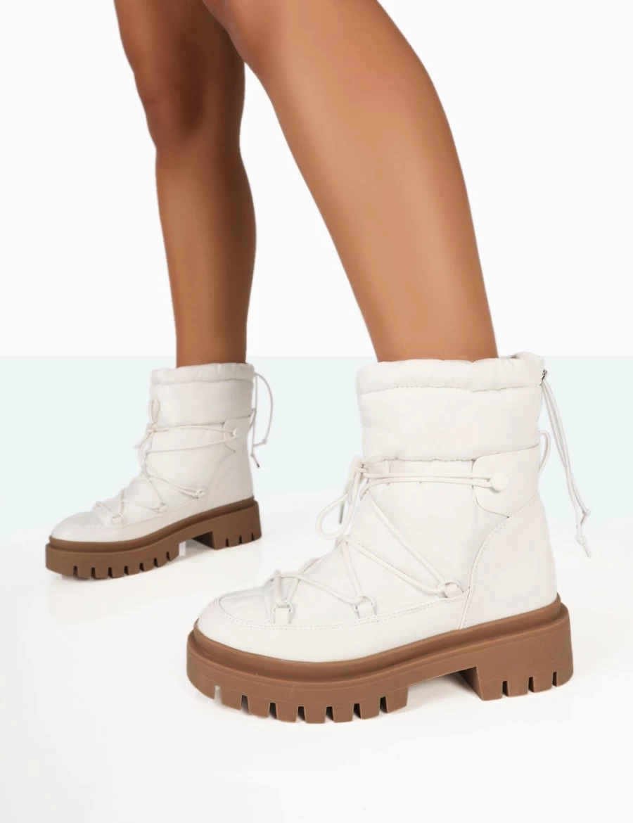 Public Desire Women's White Snowy Chunky Sole Lace Up Ankle Boots Winter Fashion