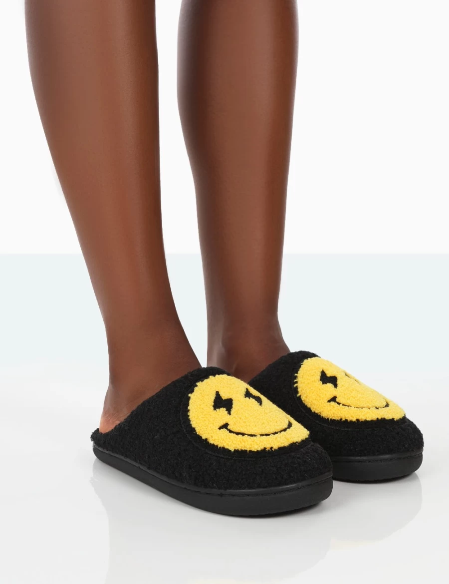 Public Desire Women's Black Daze Printed Smiley Face Slippers