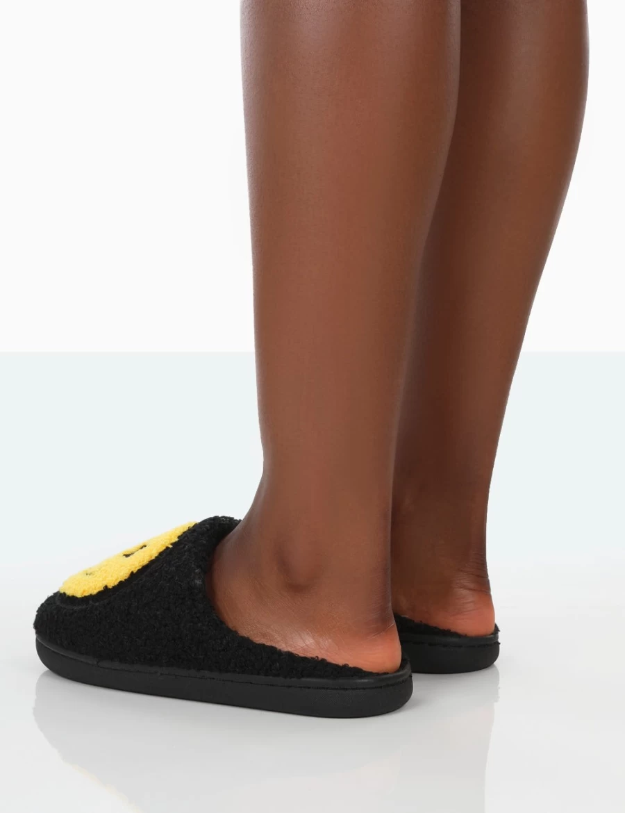 Public Desire Women's Black Daze Printed Smiley Face Slippers