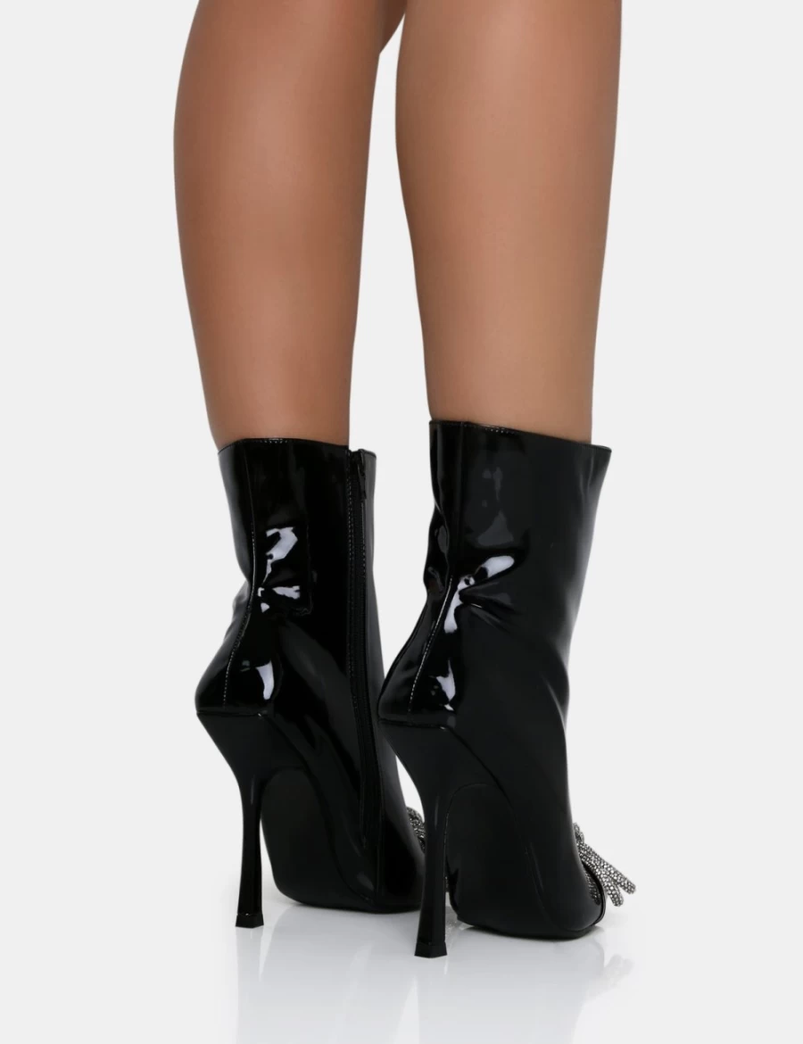Public Desire Orla Black Patent Diamante Bow Pointed Toe Stiletto Ankle Boots for Women