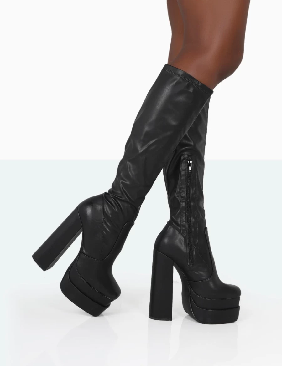 Public Desire Women's Black Wide Fit Square Toe Over The Knee Boots - Platform Block Heel PU Leather