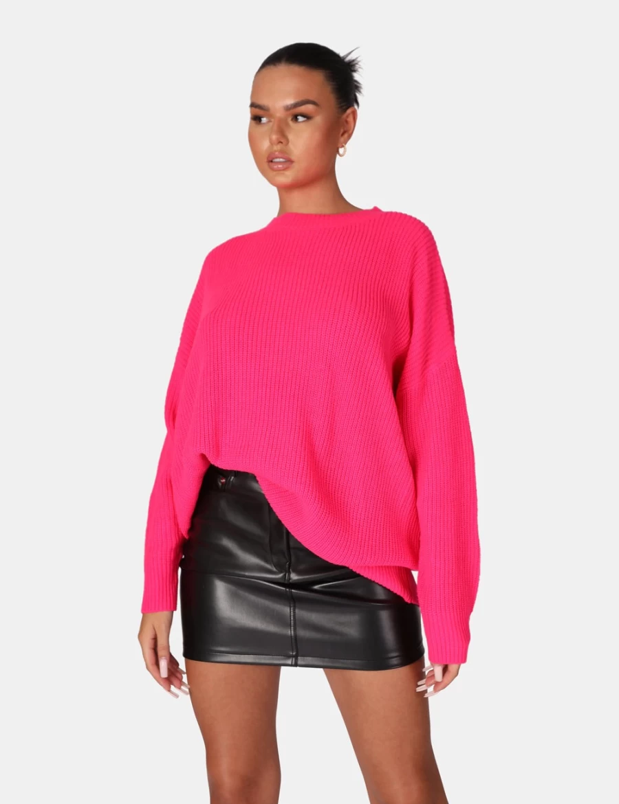 Public Desire Women's Pink Oversized Knit Crew Neck Sweater