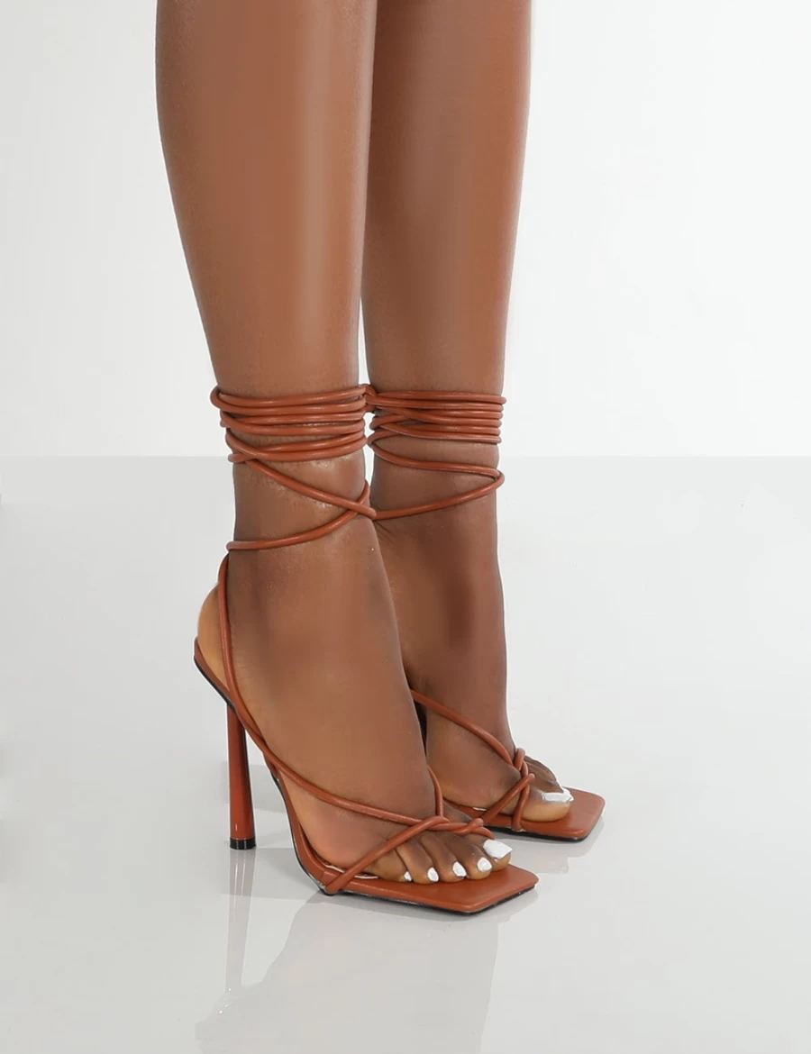 Public Desire Women's Brown Lacey Tan Square Toe Strappy Lace Up Stiletto Heels