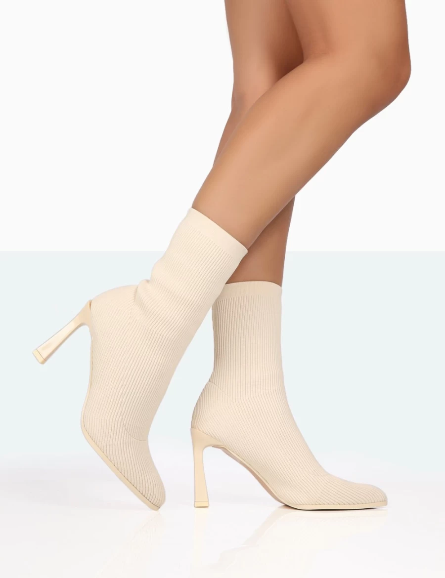 Public Desire Women's Ecru Farah Knitted Pointed Toe Stiletto Heel Ankle Sock Boots