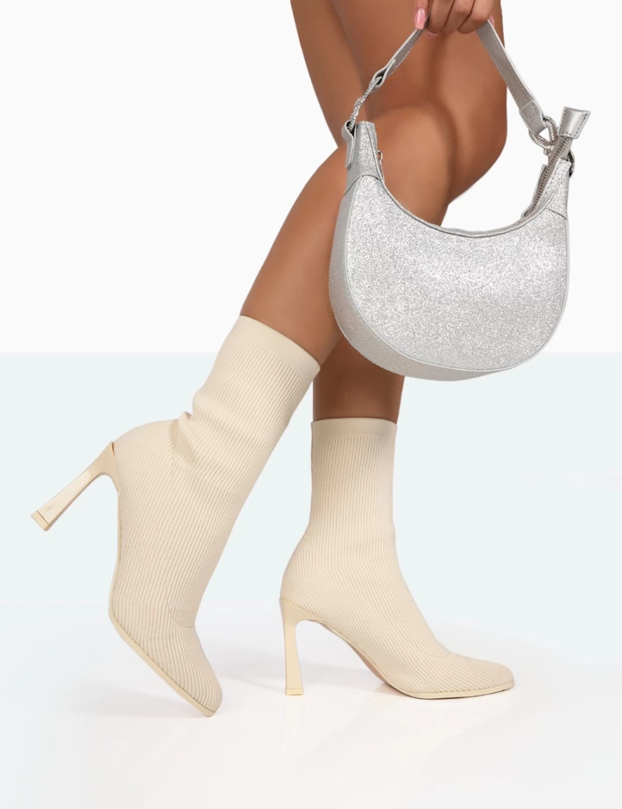 Public Desire Women's Ecru Farah Knitted Pointed Toe Stiletto Heel Ankle Sock Boots