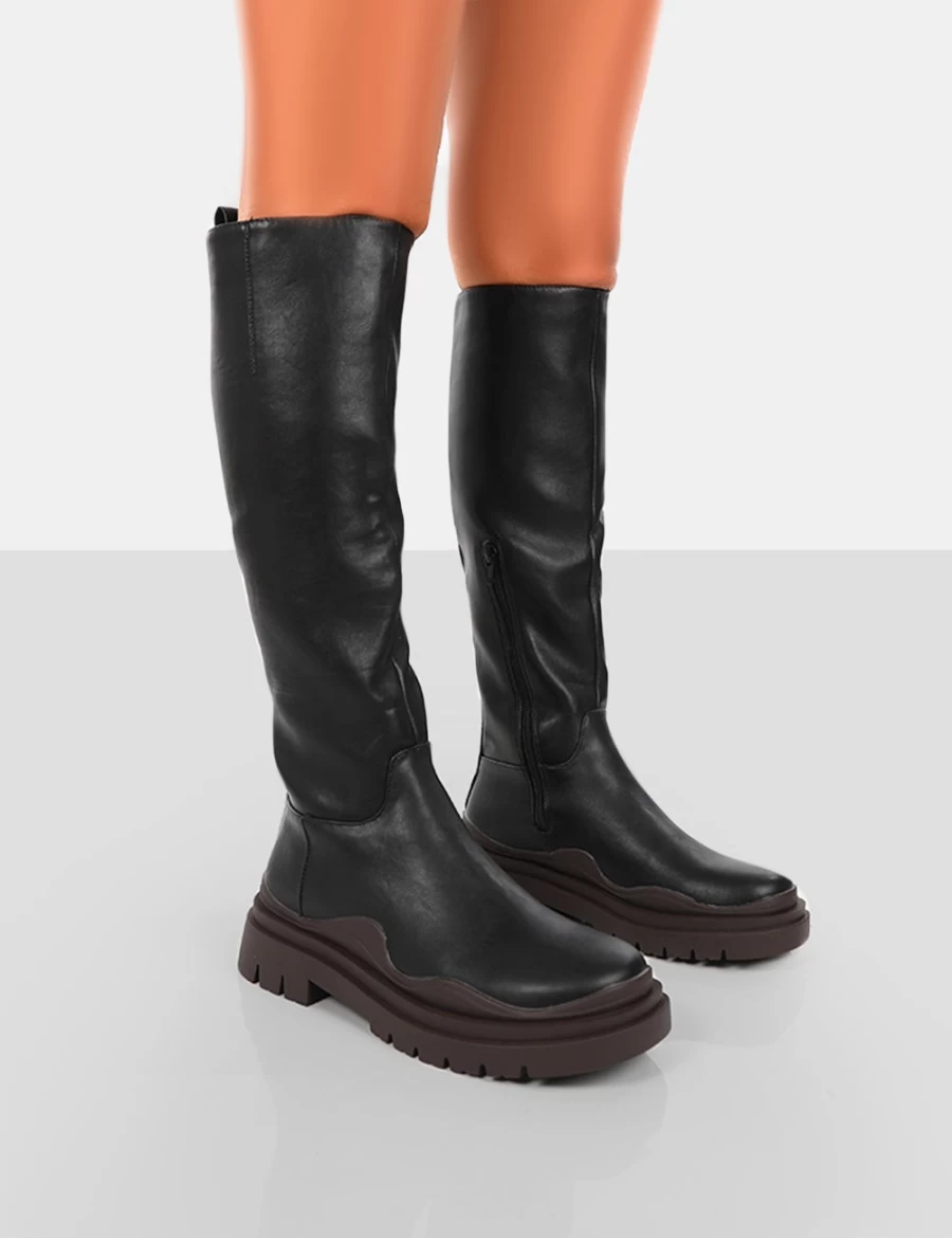 Public Desire Women's Chunky Sole Knee High Boots in Chocolate - On Point Black Pu Style