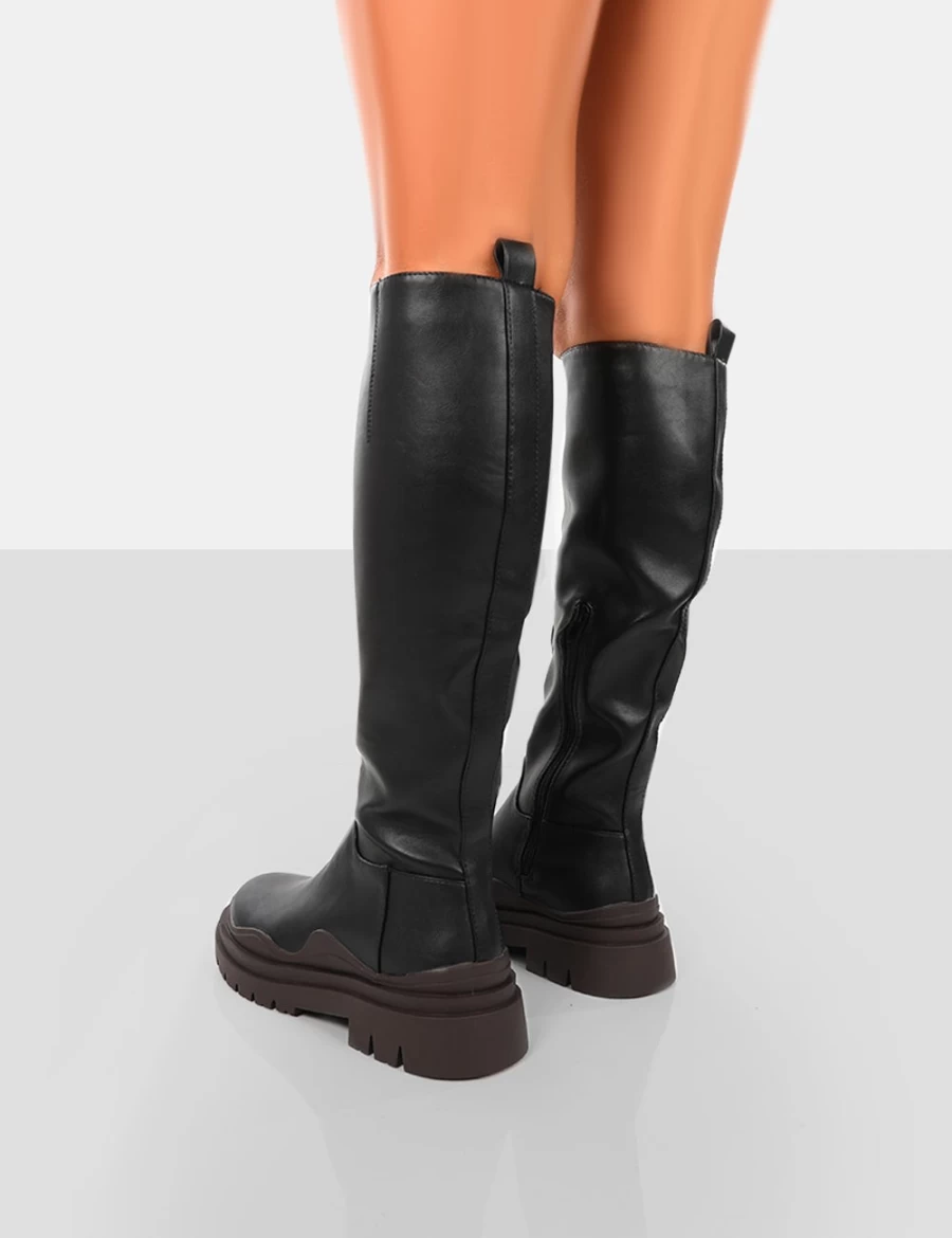 Public Desire Women's Chunky Sole Knee High Boots in Chocolate - On Point Black Pu Style