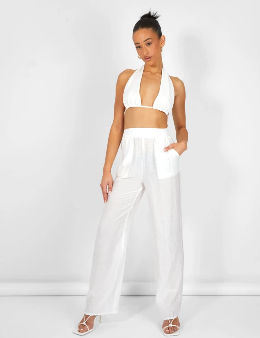 Public Desire Women's White Crinkle Elastic Waist Wide Leg Trousers