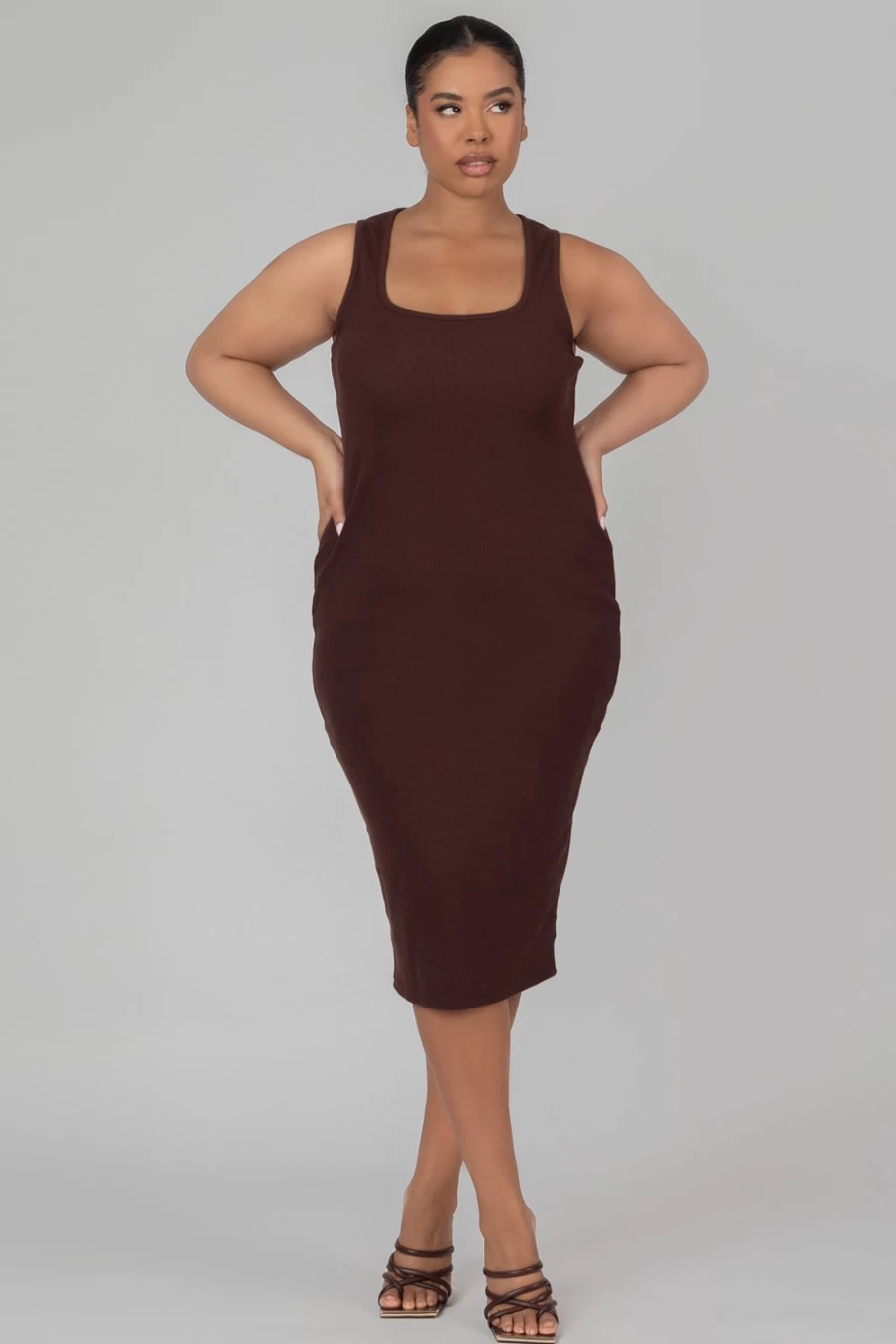 Public Desire Women's Brown Scoop Neck Curve Bodycon Midi Dress