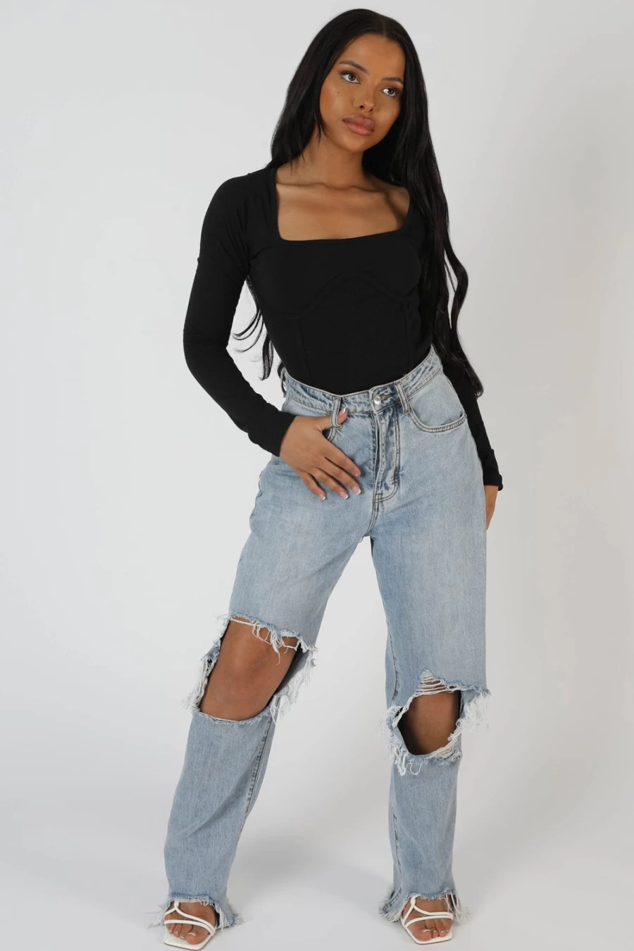 "Public Desire Women's Black Underbust Seam Square Neck Bodysuit - Sexy Torso Hugging Outfit"