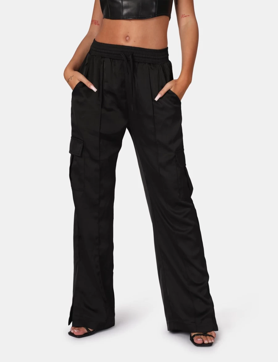 Public Desire Women's Black Satin Wide Leg Cargo Trousers with Split Hem & Elastic Waist