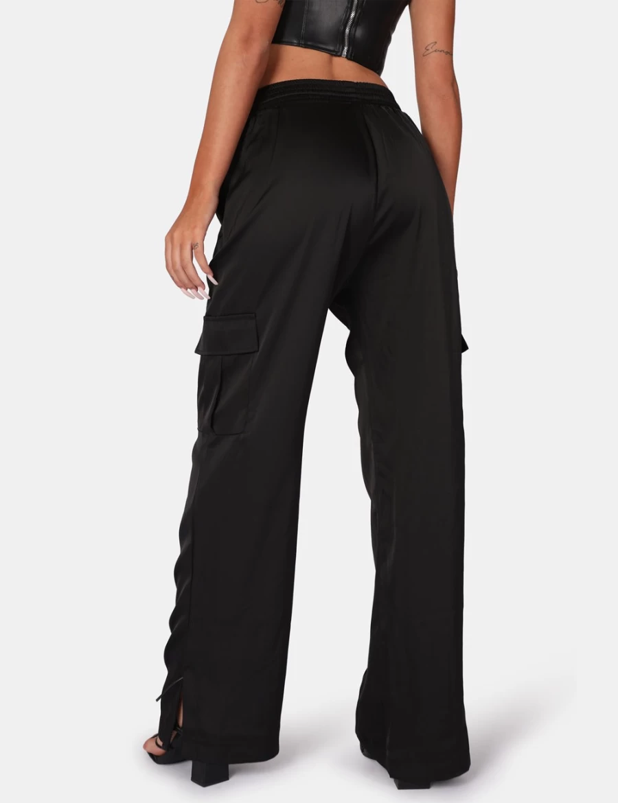 Public Desire Women's Black Satin Wide Leg Cargo Trousers with Split Hem & Elastic Waist