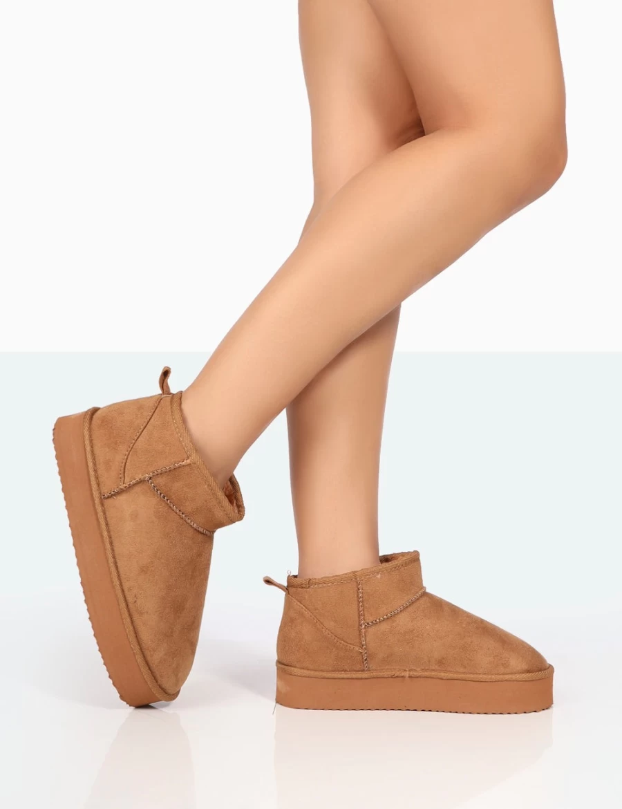 Public Desire Women's Shorty Tan Faux Suede Chunky Heel Ultra Mini Ankle Boots