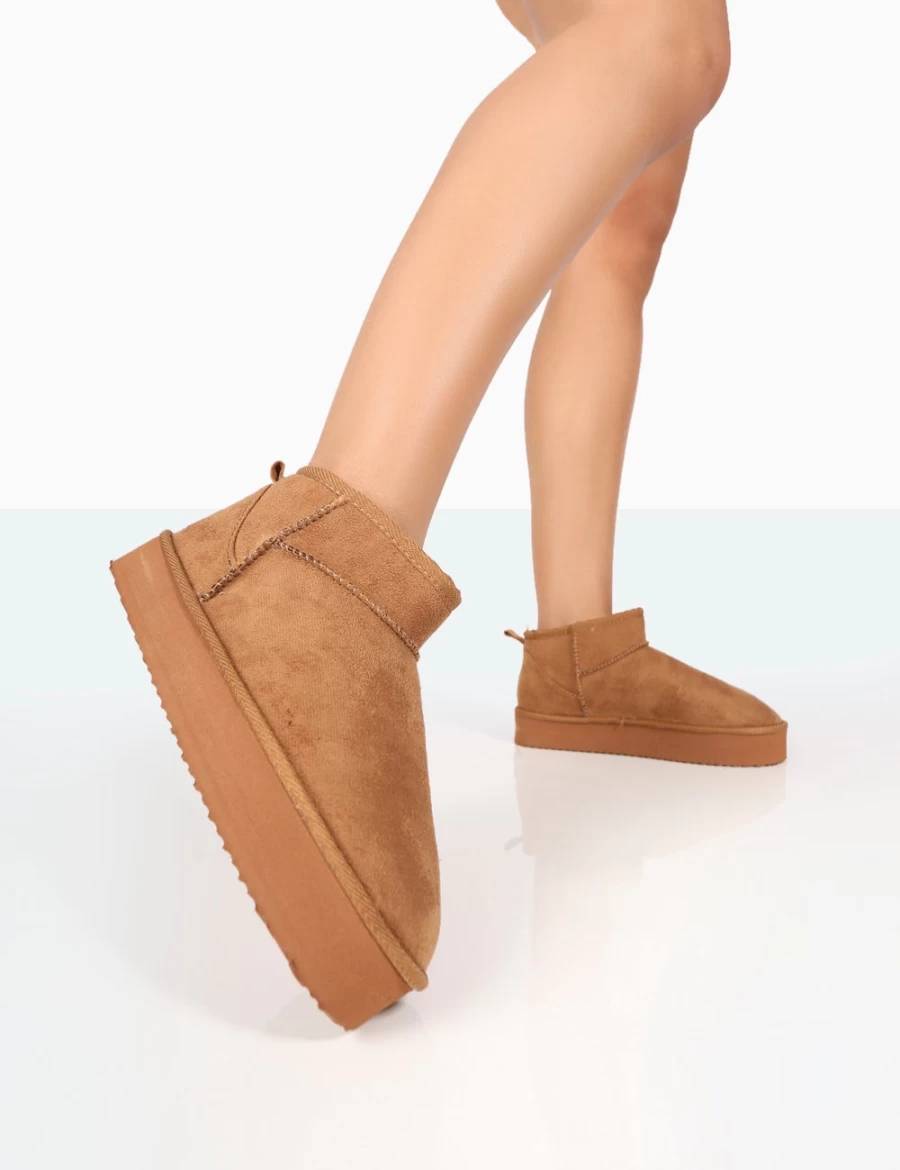 Public Desire Women's Shorty Tan Faux Suede Chunky Heel Ultra Mini Ankle Boots
