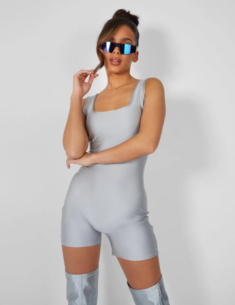 Public Desire Grey Square Neck Second Skin Unitard for Women