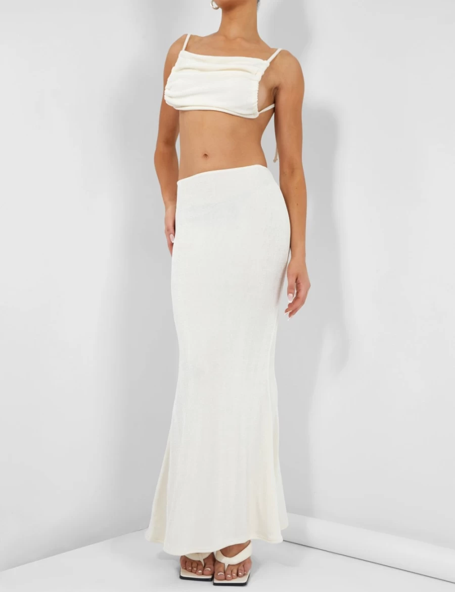 Public Desire Women's Ecru Slinky Ruched Maxi Skirt - Stretchy Bodycon Long Skirt