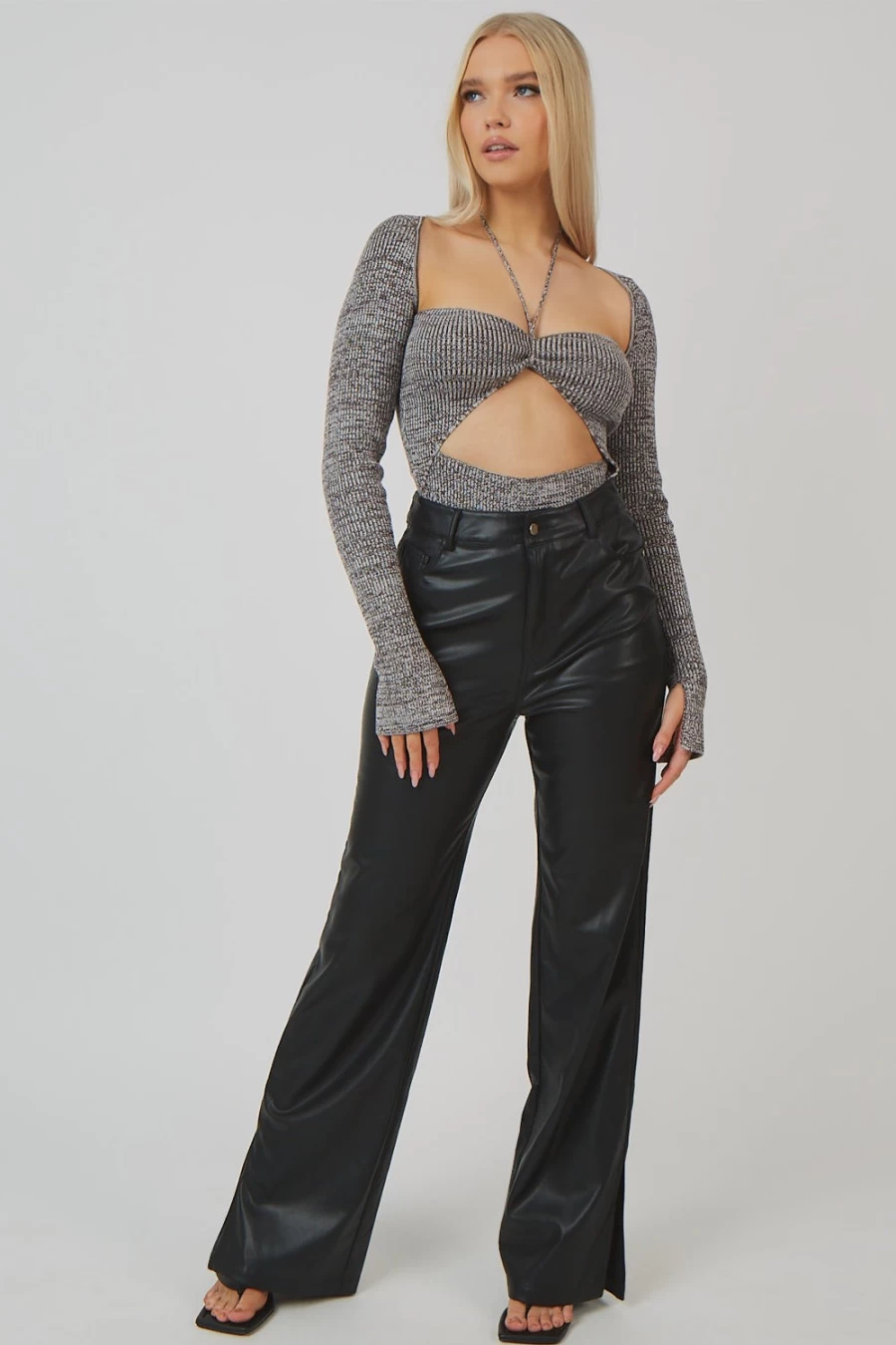 "Public Desire Women's Brown Space Dye Cut Out Strappy Long Sleeve Bodysuit"