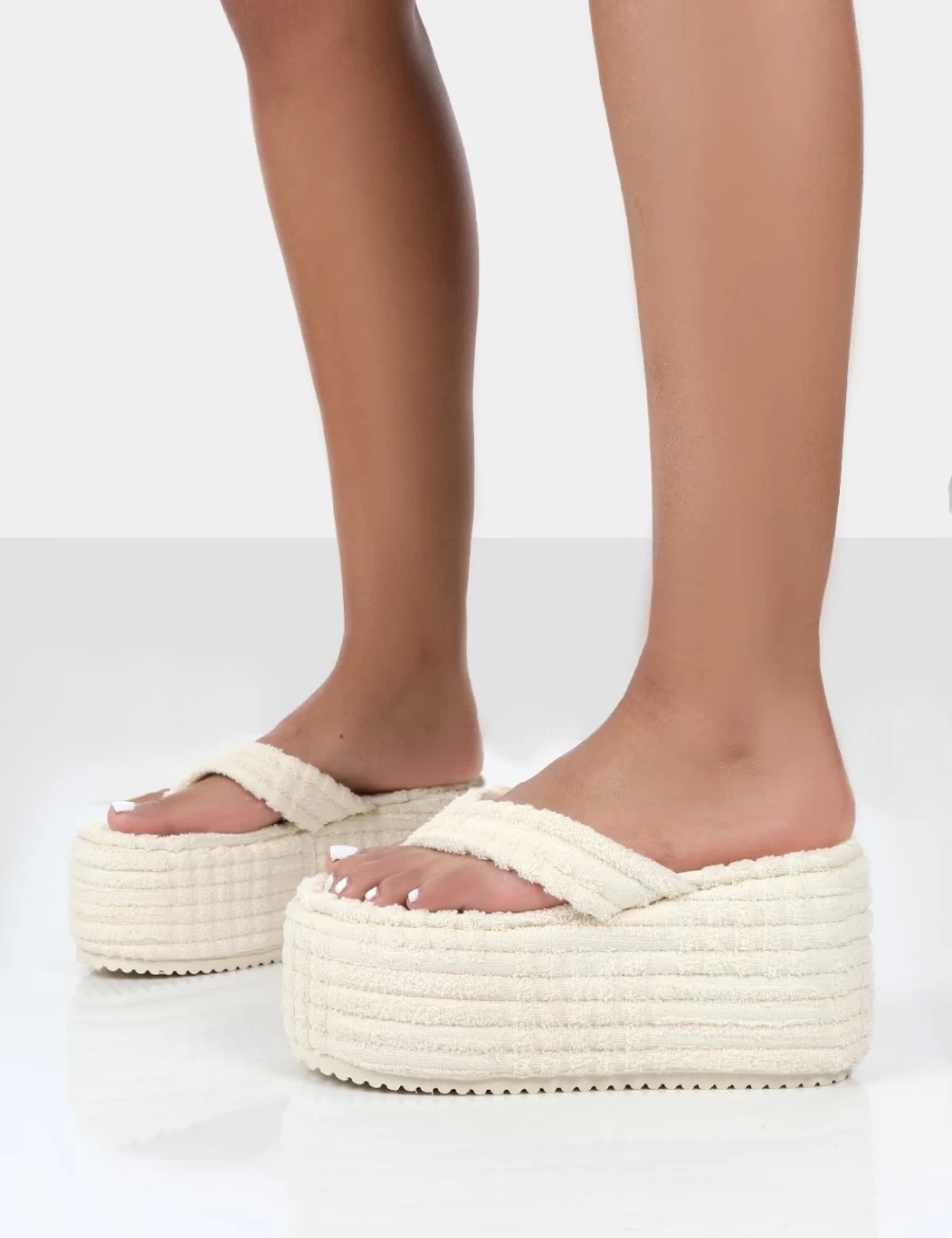 Public Desire Women's White Terry Towel Wedge Flip Flop Sandals - Nell Ecru Platform Summer Shoes