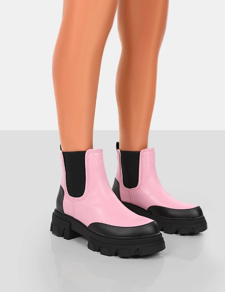 Public Desire Women's Pink By Midnight PU Platform Chunky Sole Chelsea Boots