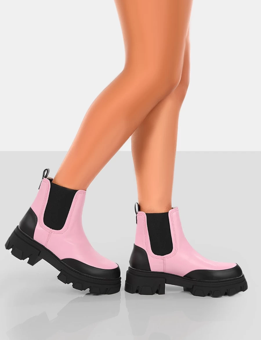 Public Desire Women's Pink By Midnight PU Platform Chunky Sole Chelsea Boots