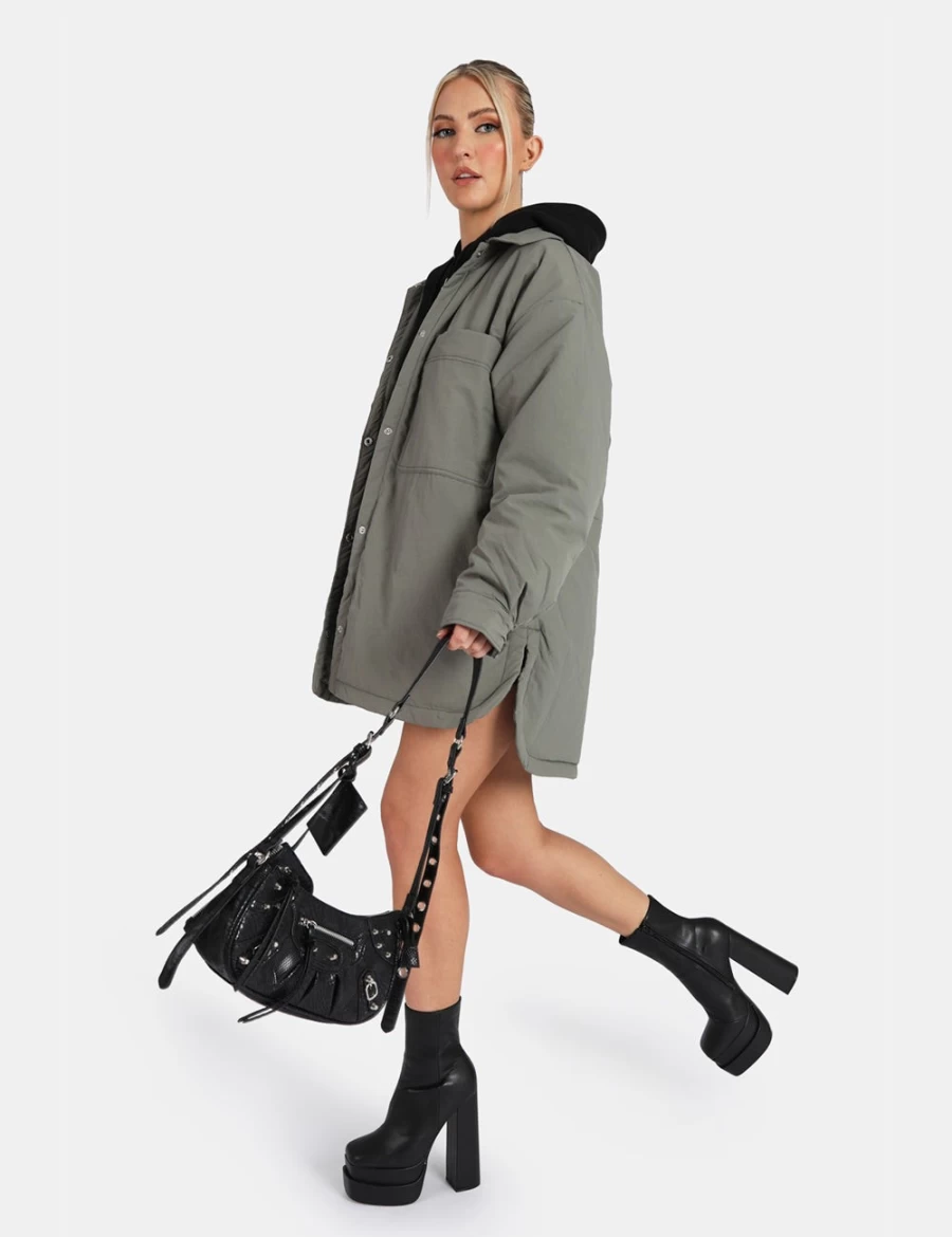 Public Desire Women's Grey Oversized Padded Shacket - Cozy Slate Winter Coat
