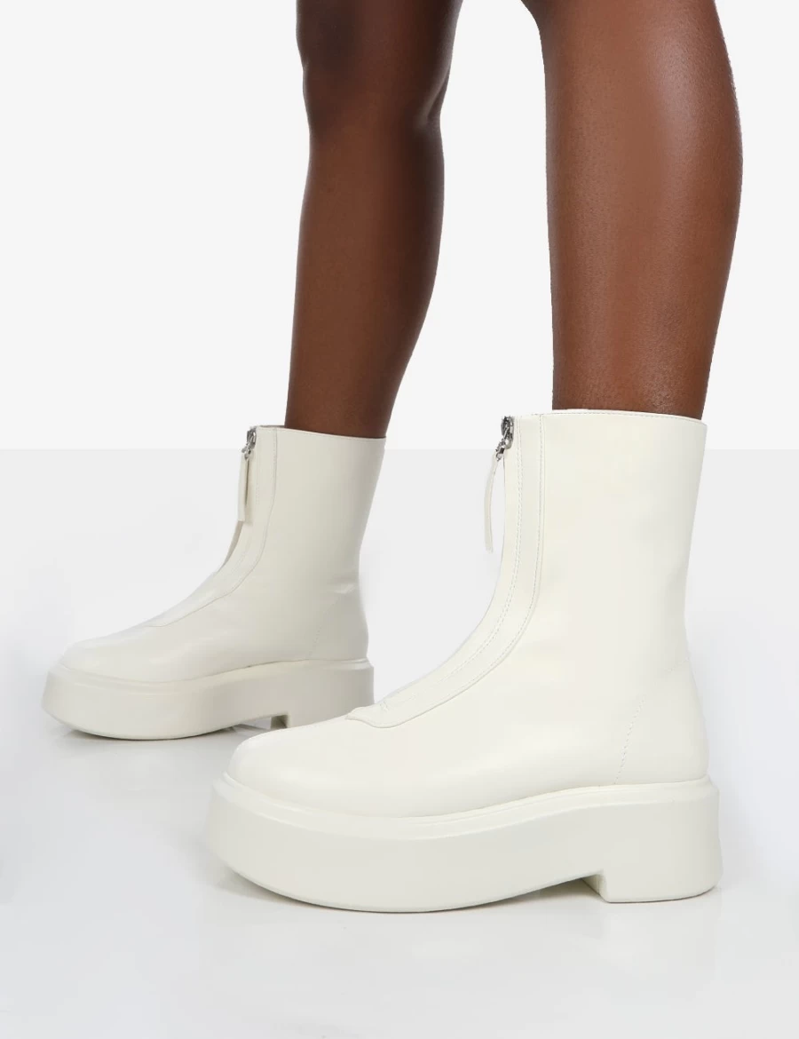 Public Desire Women's Ecru Indigo Platform Chunky Sole Zip Ankle Boots