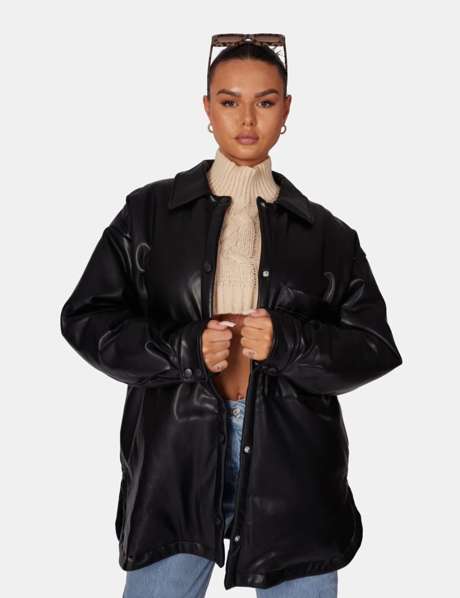 "Public Desire Women's Black PU Padded Shacket - Faux Leather Quilted Jacket"