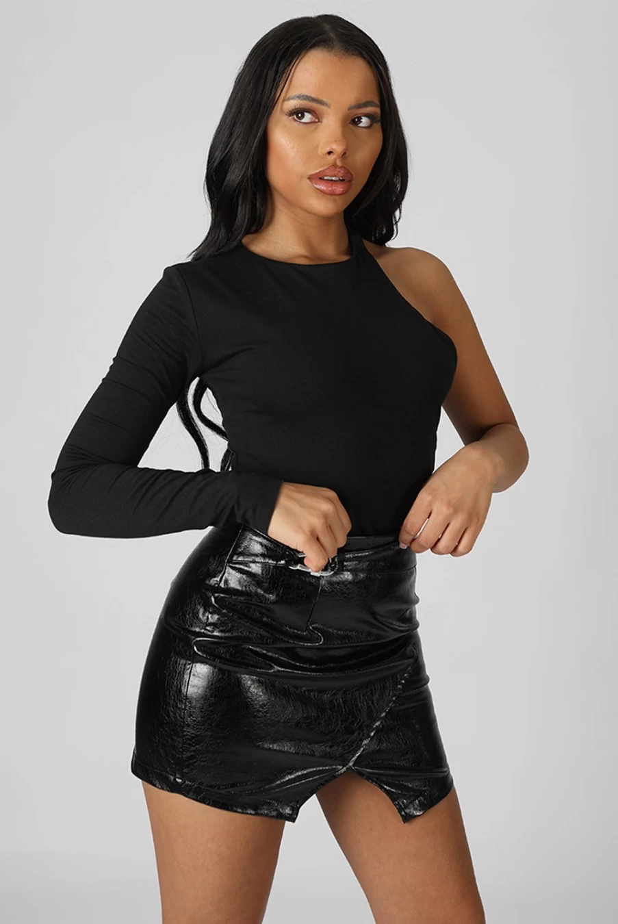 "Public Desire Women's Black One Sleeve Asymmetric Bodysuit - Sexy Cut Out Design"