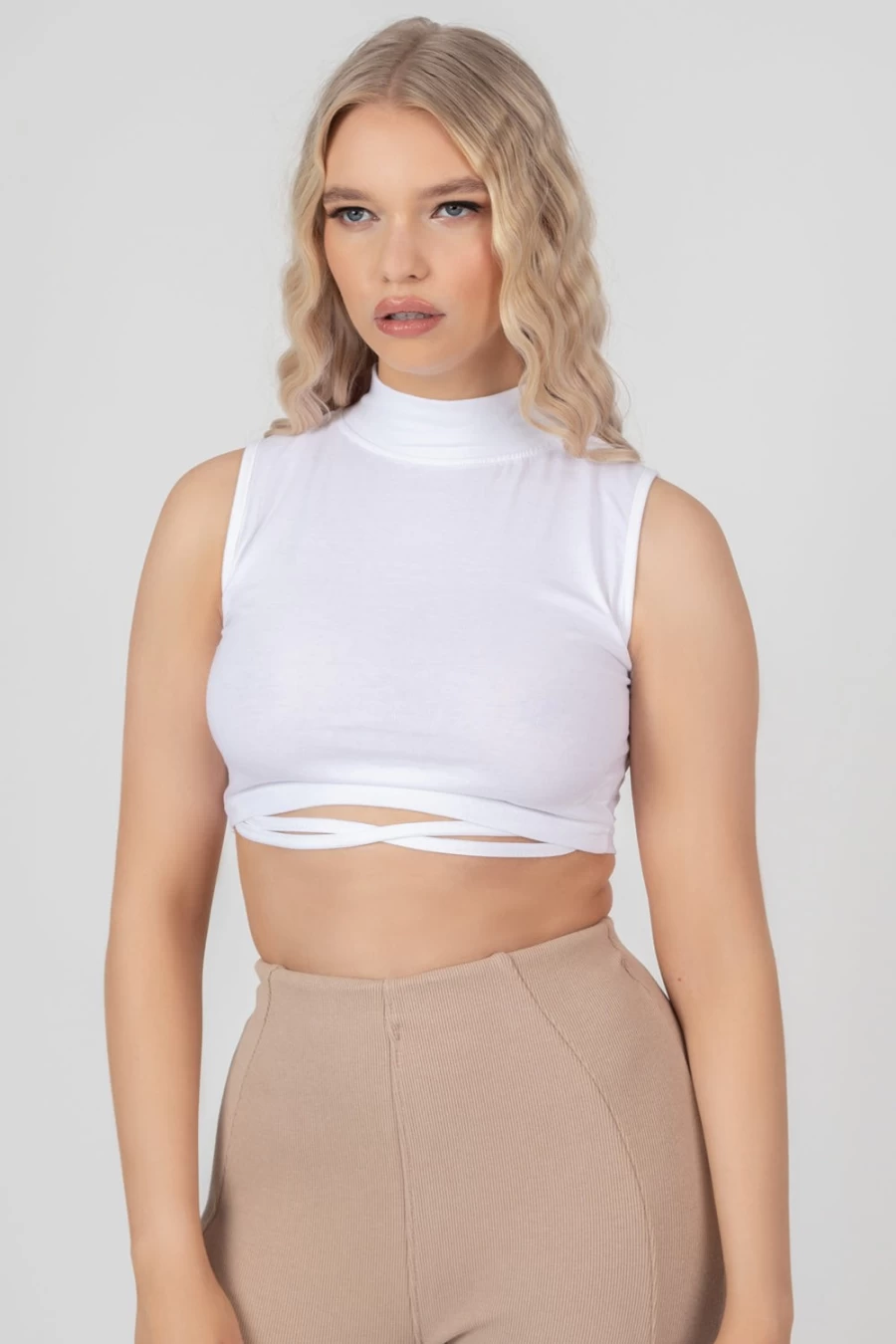 Public Desire Women's White High Neck Strappy Waist Crop Top