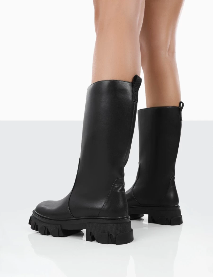 Public Desire Jolie Pu Women's Black Knee High Chunky Sole Long Boots