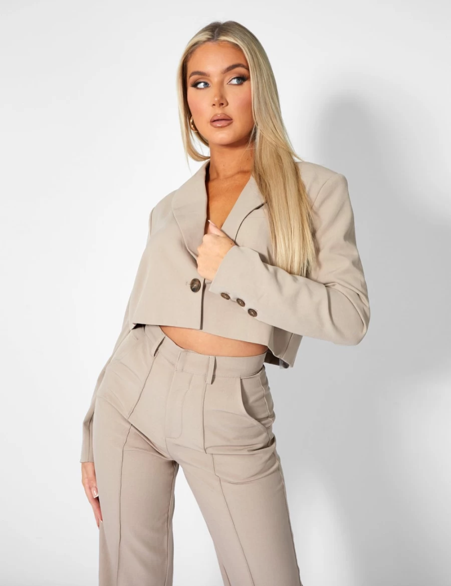 Women's Taupe Oversized Boxy Cropped Blazer - Public Desire