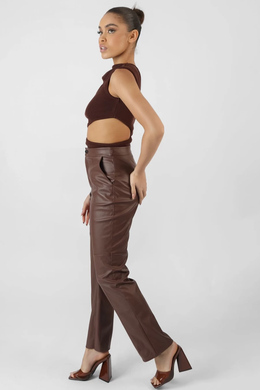 Public Desire Women's Chocolate PU Trousers with Seam Front & Split Detail