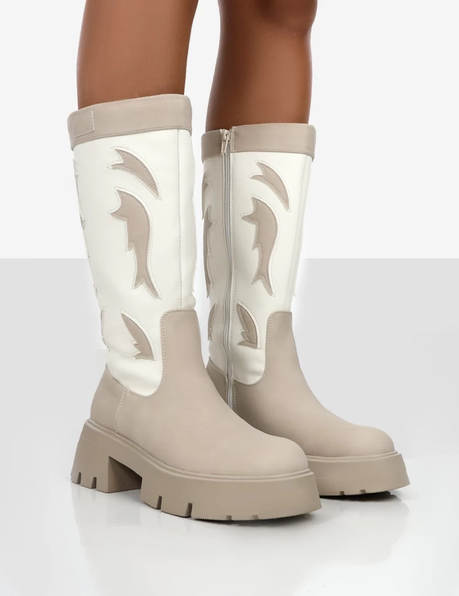 Public Desire Women's Ecru Fly Away Pu Round Toe Western Cowboy Knee High Boots with Chunky Platform Sole