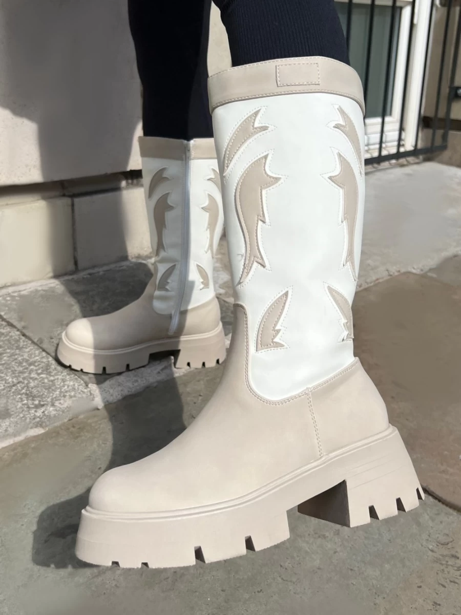 Public Desire Women's Ecru Fly Away Pu Round Toe Western Cowboy Knee High Boots with Chunky Platform Sole