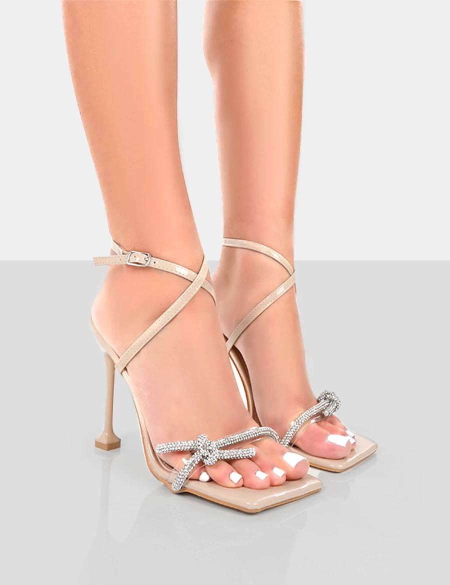 Public Desire Women's Nude Glitter Wrap Diamante Bow Square Toe Heels