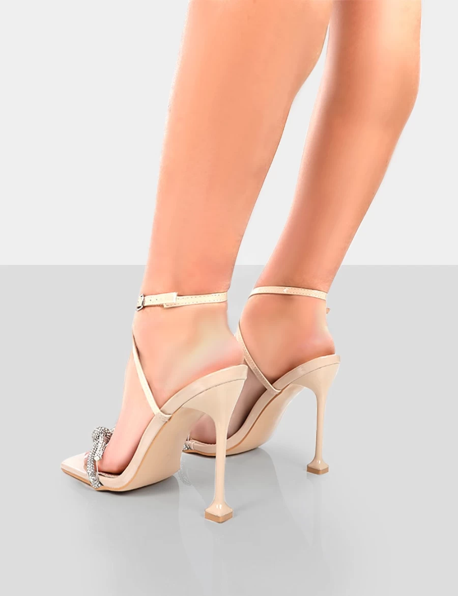 Public Desire Women's Nude Glitter Wrap Diamante Bow Square Toe Heels