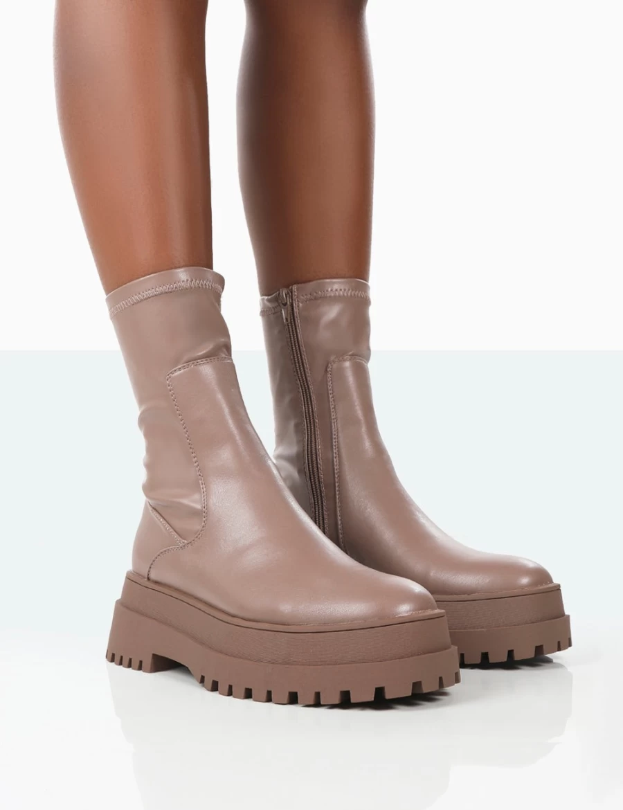 Public Desire Women's Mocha Rusty Pu Chunky Sole Platform Ankle Boots Sock Booties