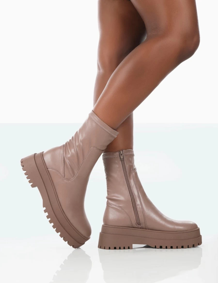 Public Desire Women's Mocha Rusty Pu Chunky Sole Platform Ankle Boots Sock Booties