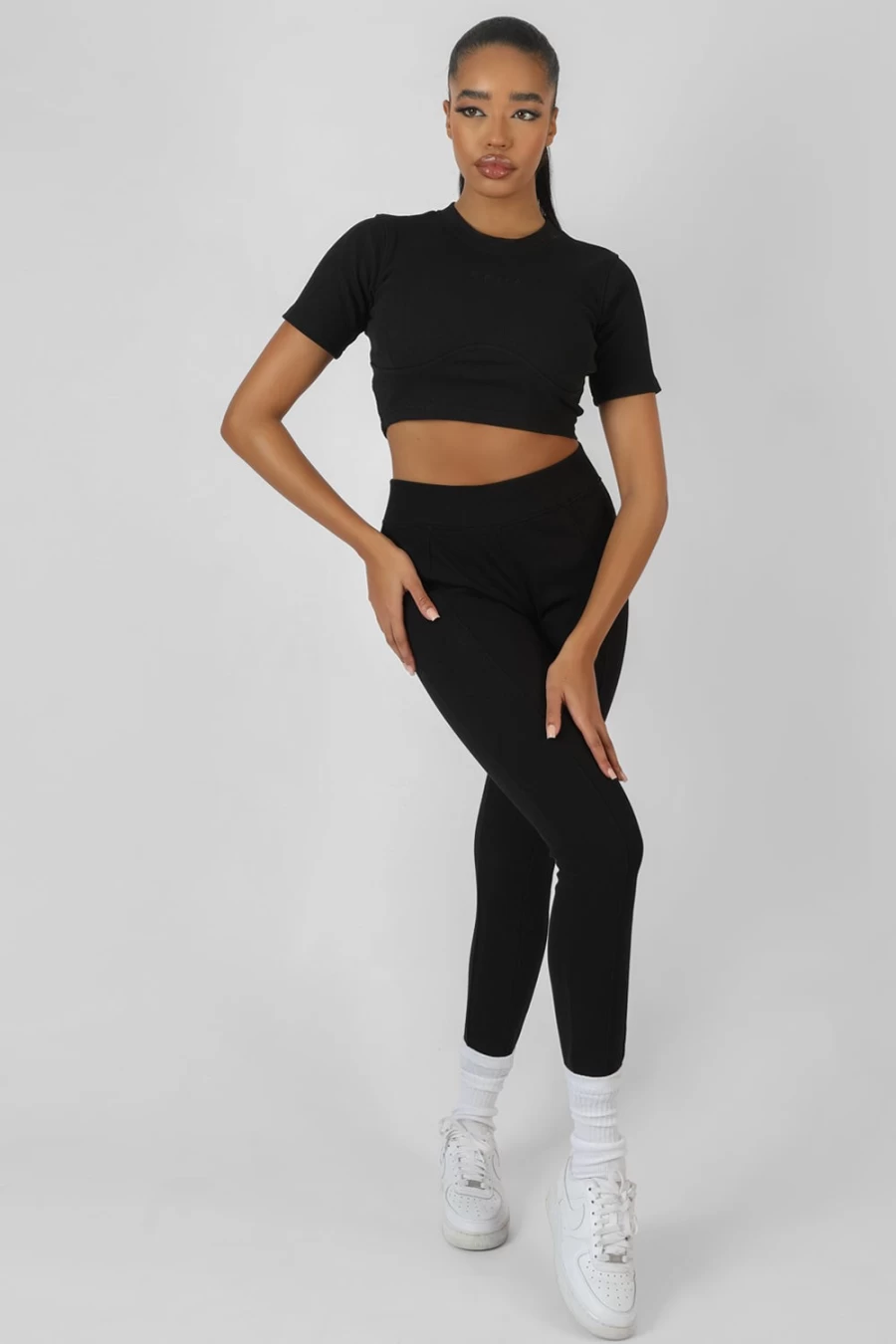 "Public Desire Women's Black Ribbed Cropped T-Shirt - Athleisure Underbust Fitted Top"