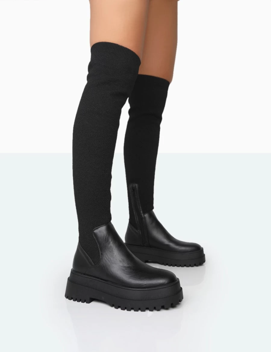Public Desire Women's Black Boucle Knit Over The Knee Boots - Happier Style