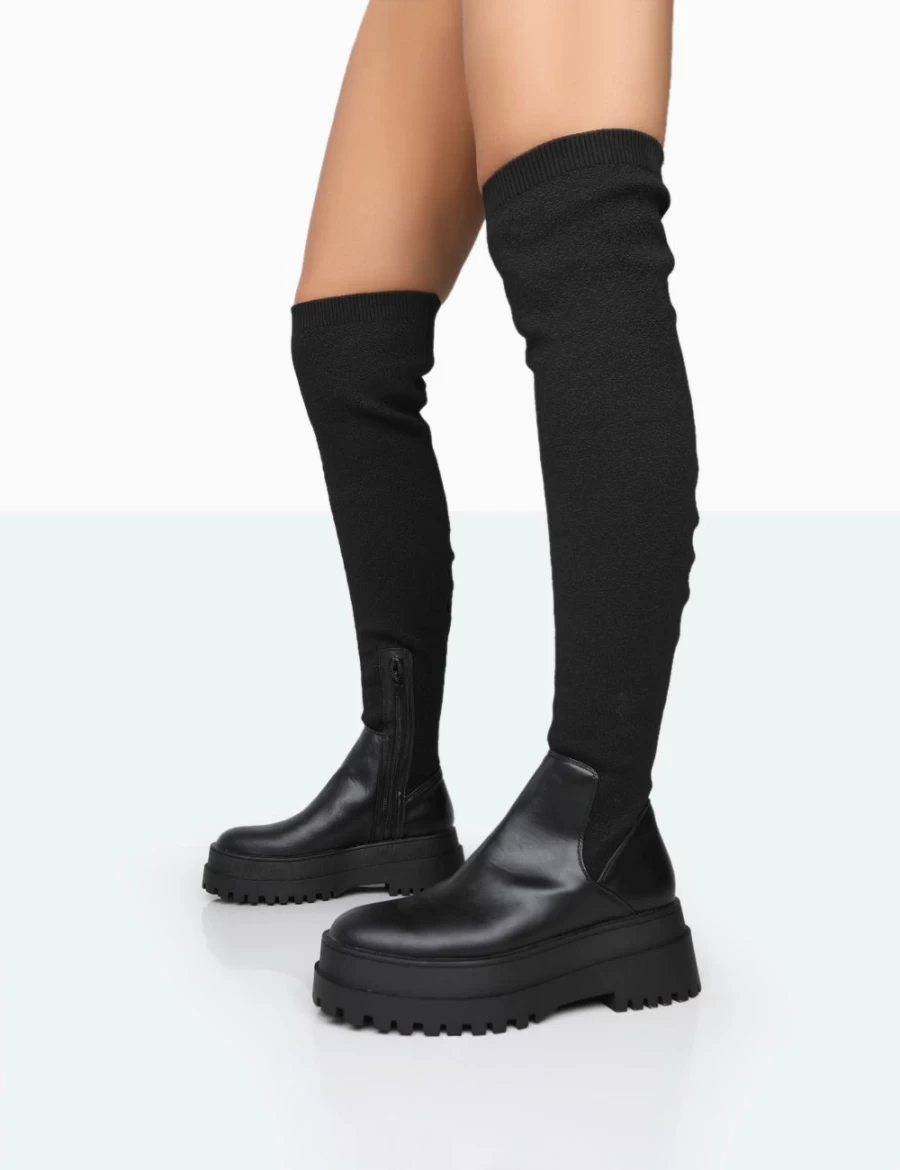 Public Desire Women's Black Boucle Knit Over The Knee Boots - Happier Style